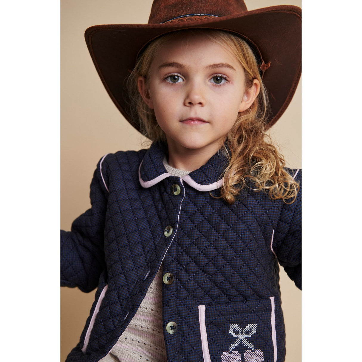COPENHAGEN COLORS Brown/Blue Check Comb. Checkered Quiltad Jacka W. Embroidery