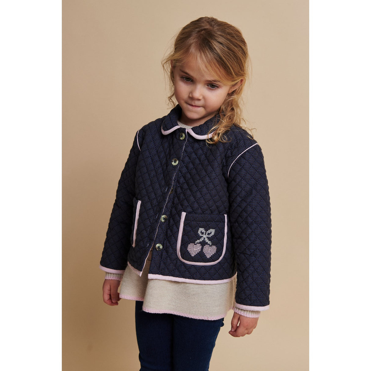 COPENHAGEN COLORS Brown/Blue Check Comb. Checkered Quiltad Jacka W. Embroidery