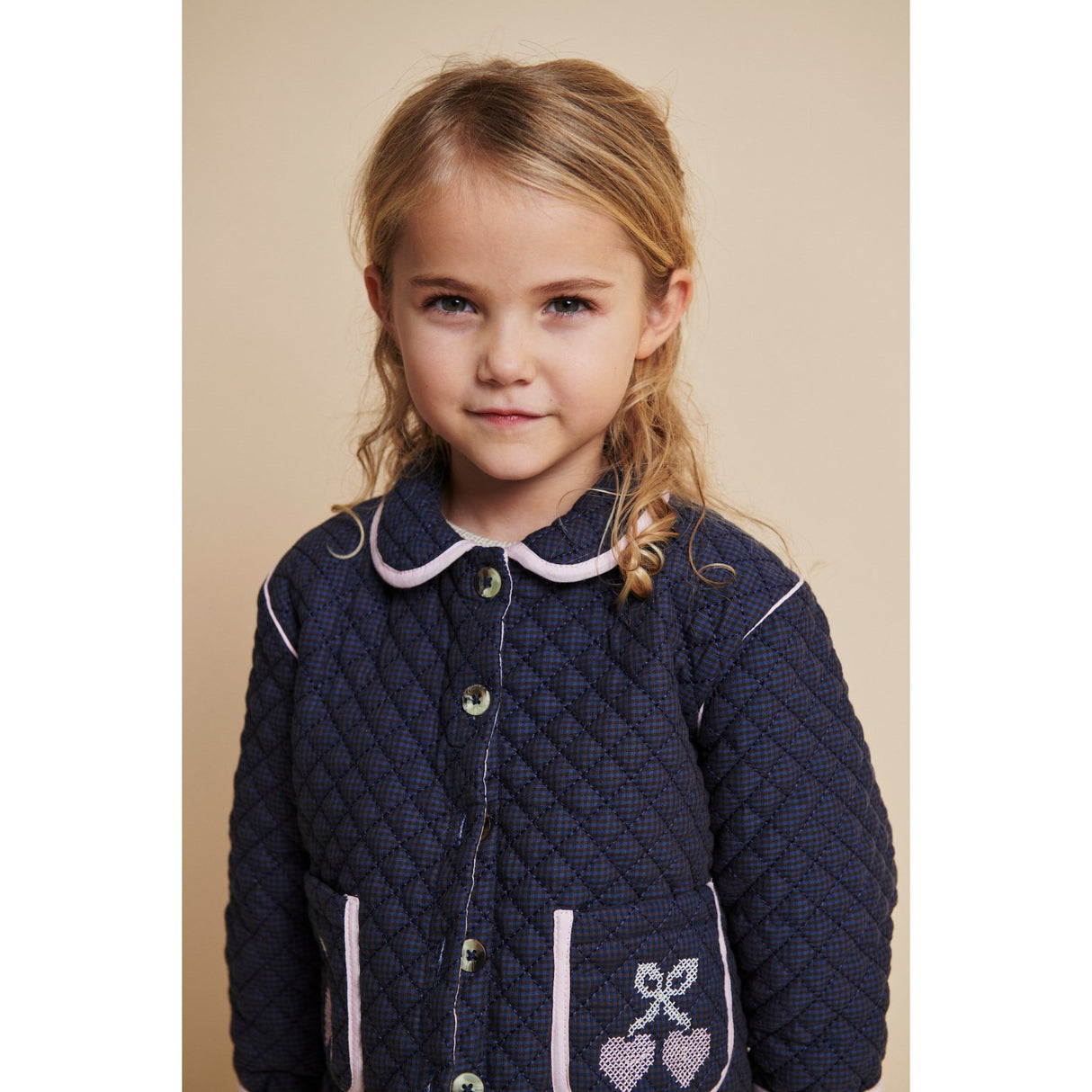 COPENHAGEN COLORS Brown/Blue Check Comb. Checkered Quiltad Jacka W. Embroidery