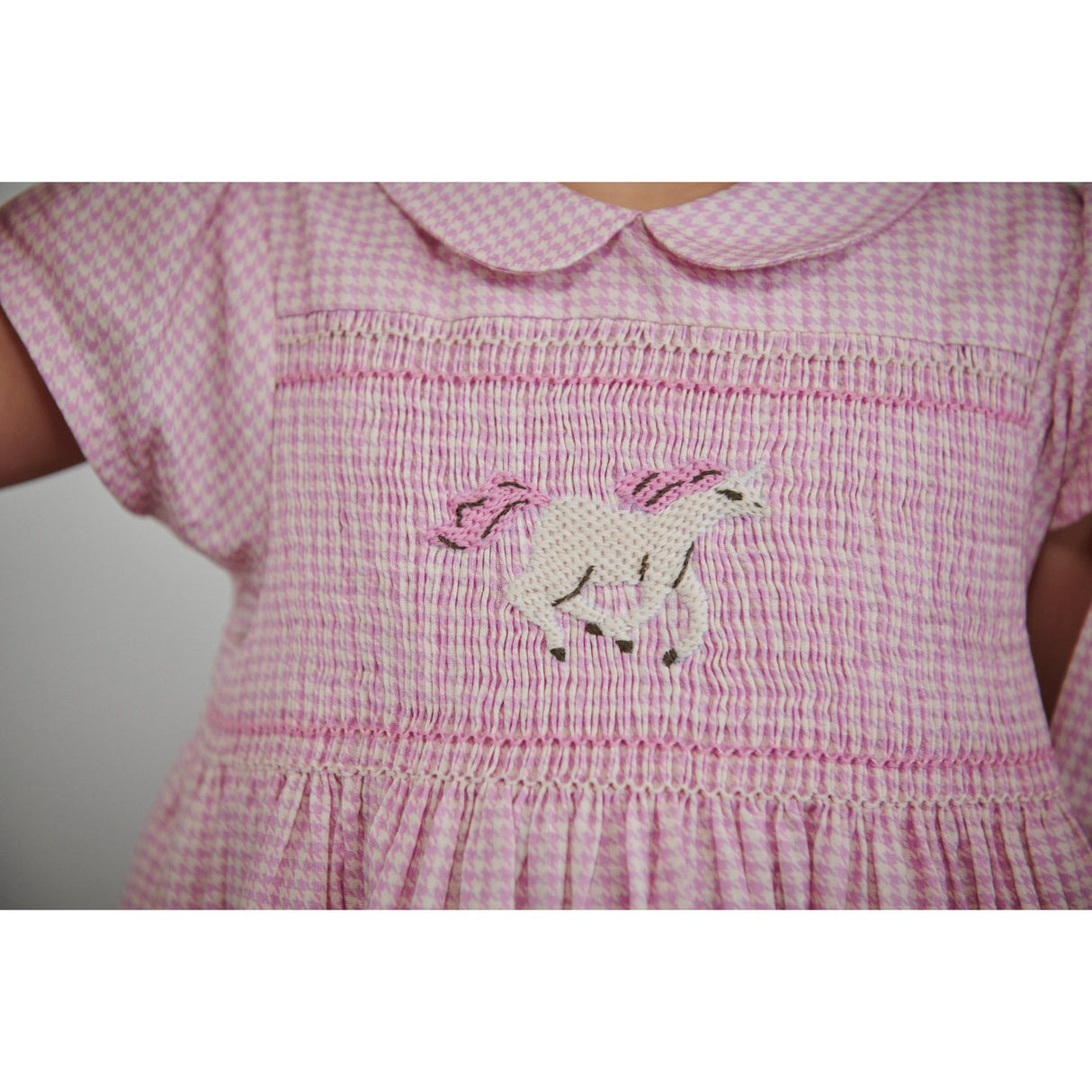 COPENHAGEN COLORS Syringa Comb. Houndstooth Klänning W. Handmade Unicorn Embroidery Och Smock