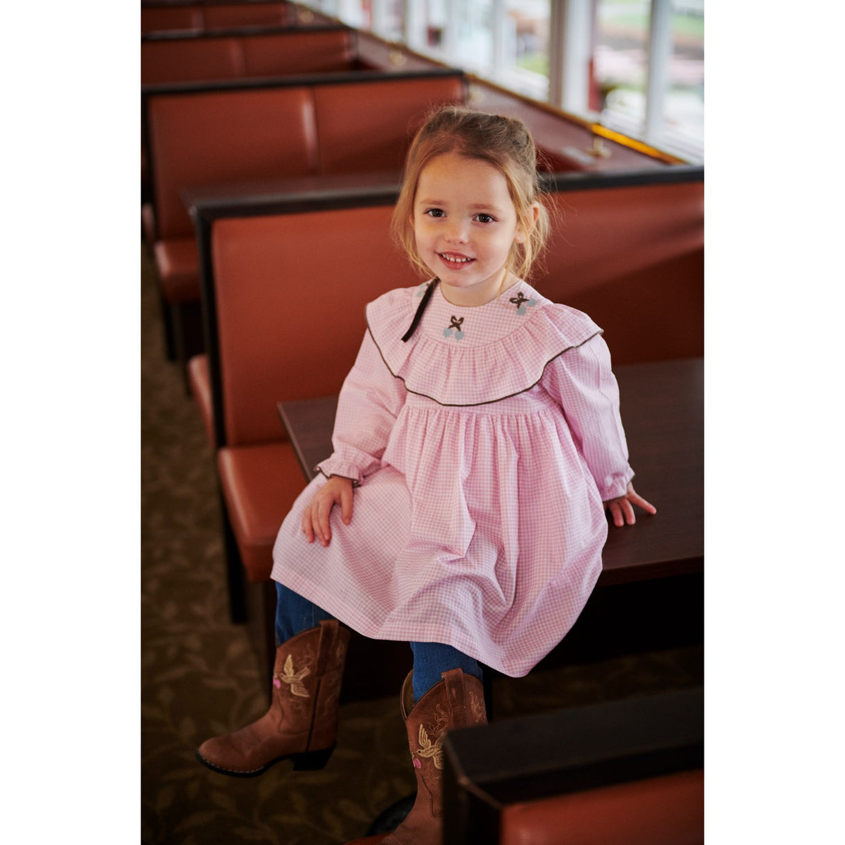 COPENHAGEN COLORS Syringa Comb. Houndstooth Frill Klänning W. Embroidery