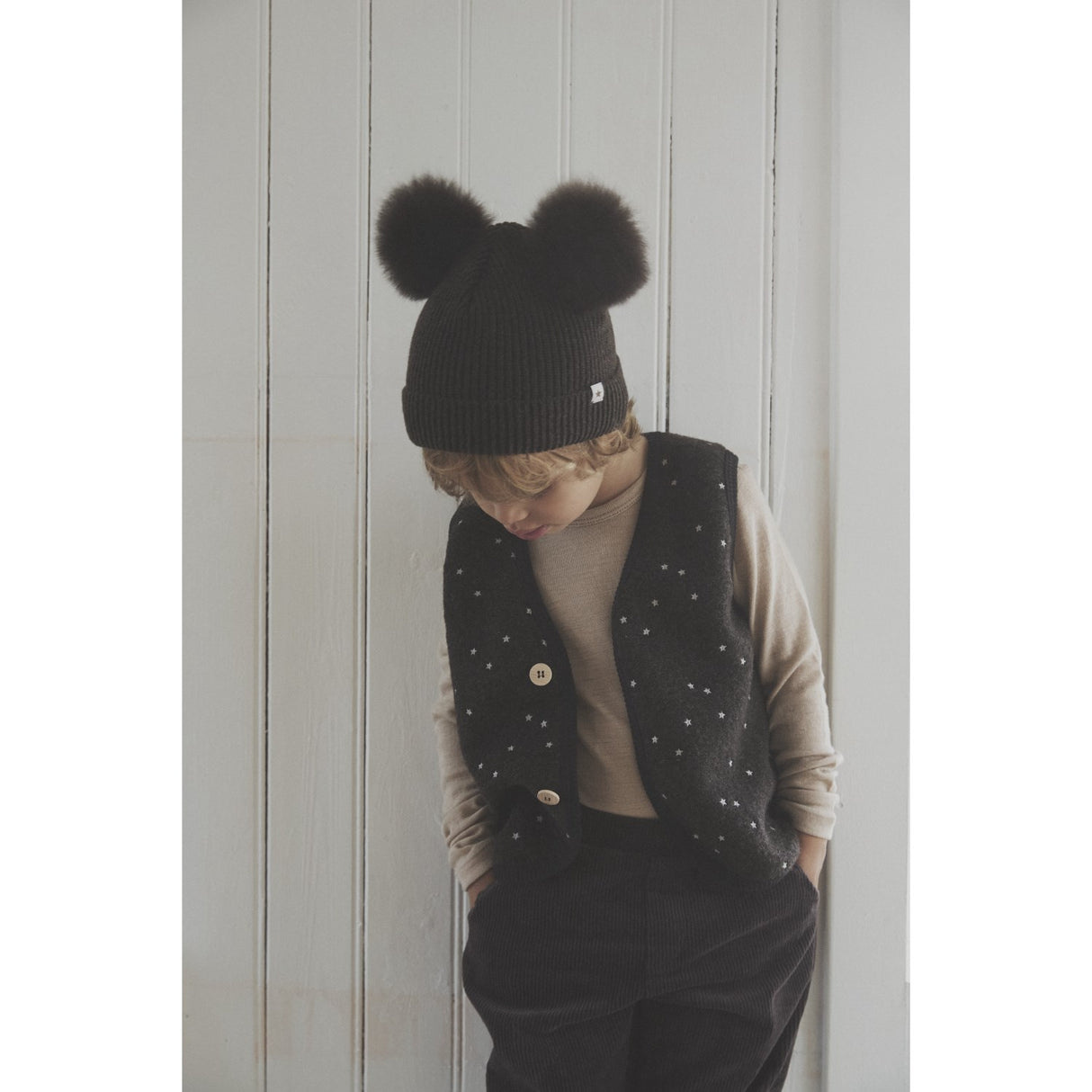 Huttelihut Dark Brown Melange Mössa Stickad Alpaca Pompoms