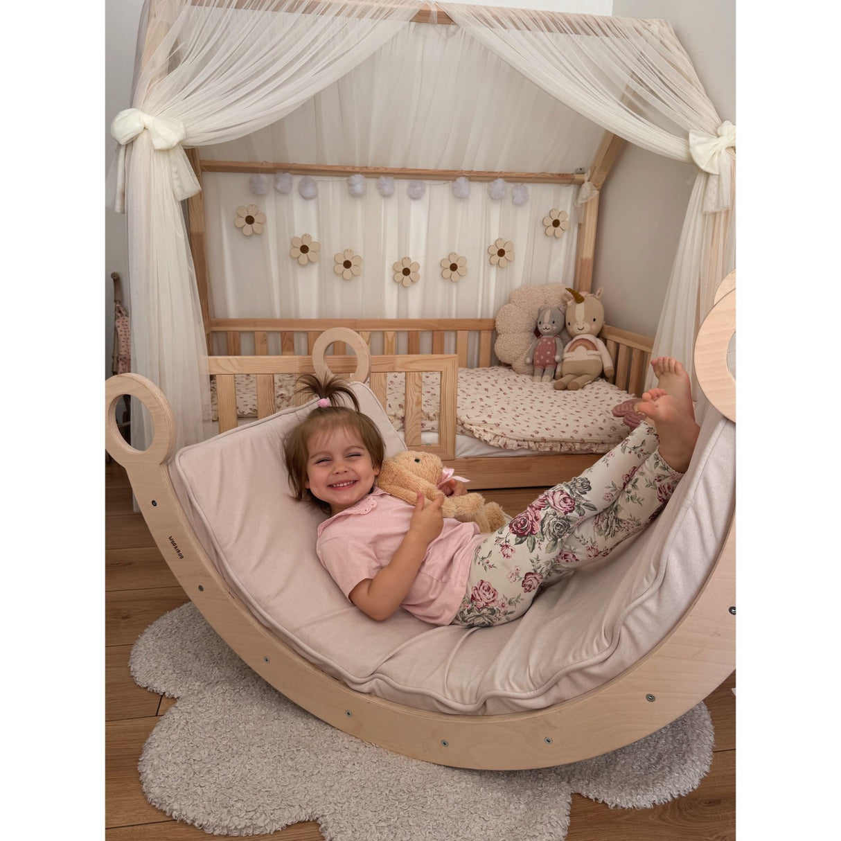 Woobiboo Natural Montessori Rocker Med Beige Madras Och Slide-Climber L