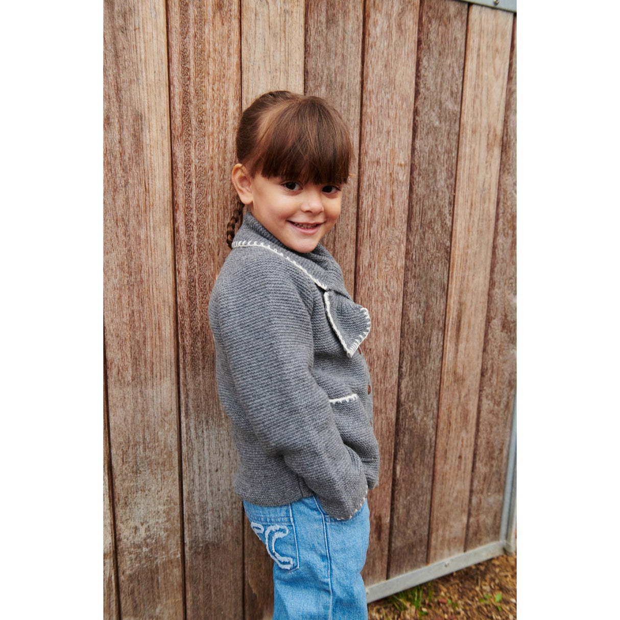 COPENHAGEN COLORS Dk Grey/Cream Comb. Lambswool Cardigan W. Krage