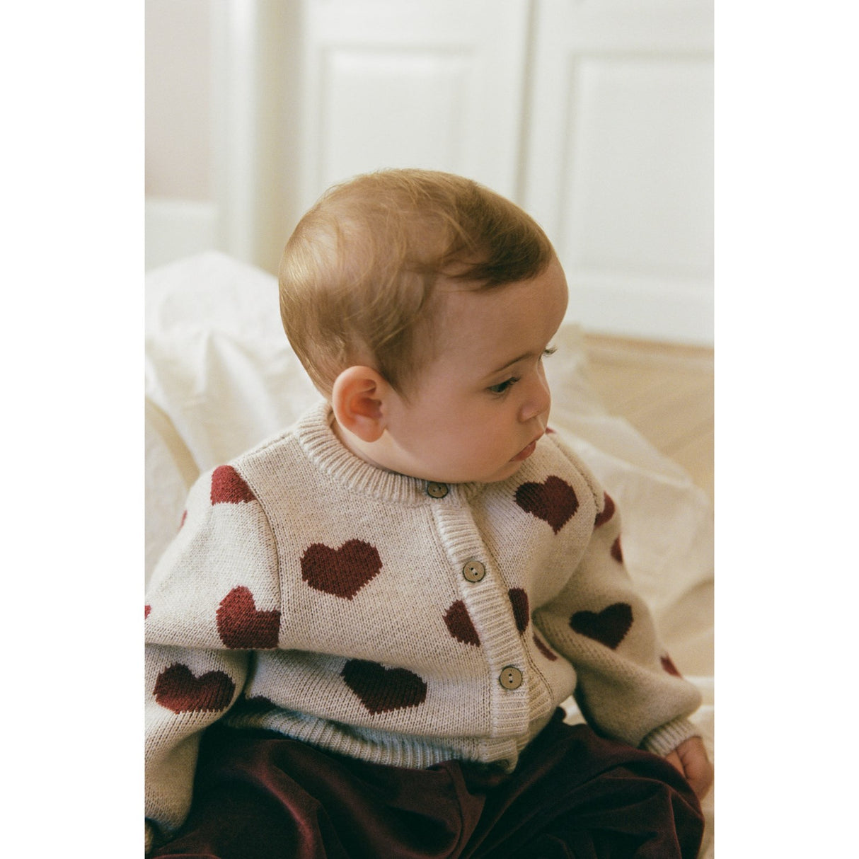 Wheat Offwhite Melange Jacquard Cardigan Hearts