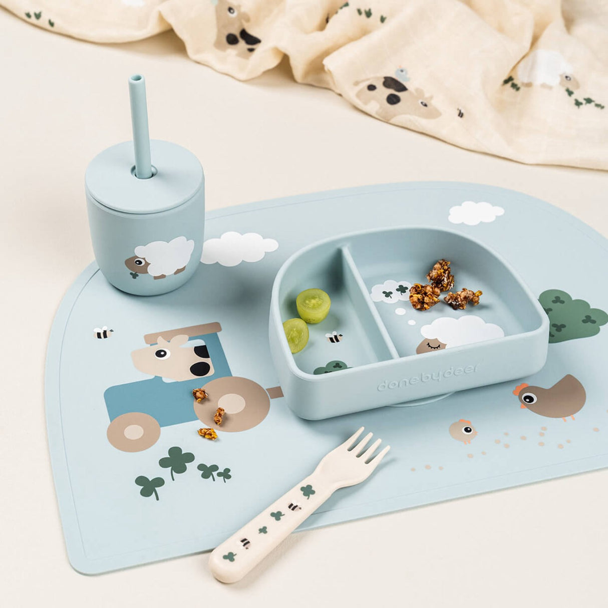 DonebyDeer Tiny Farm Blue Silikon Sugerørskop 2-Pack