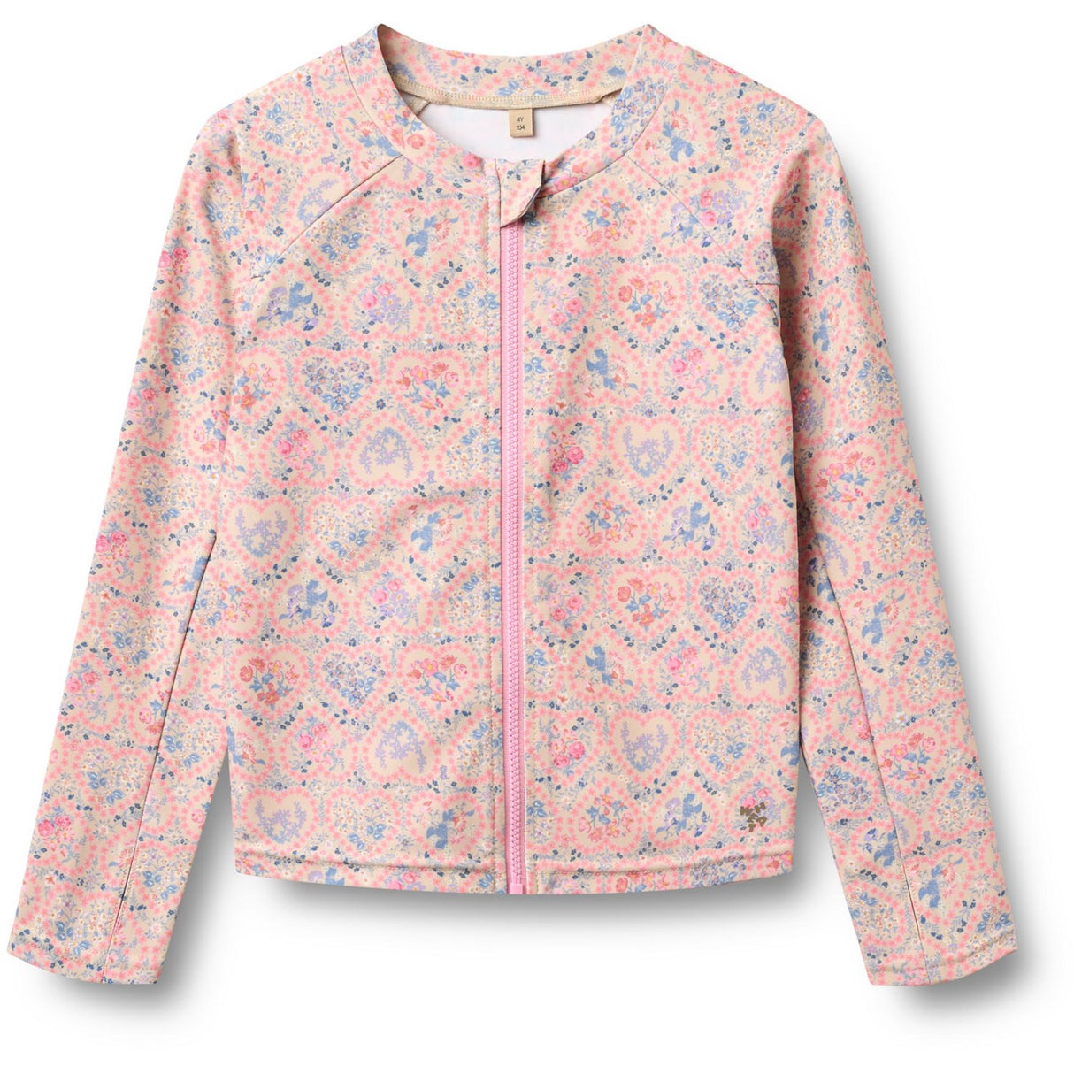 Wheat Pink Heart Flowers Swim T-shirt L/S Zip Ada