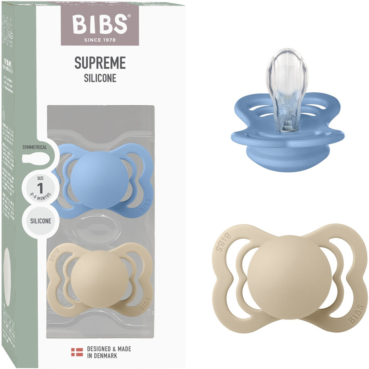 Bibs Vanilla/Sky Blue Napp Supreme 2-Pack Silikon