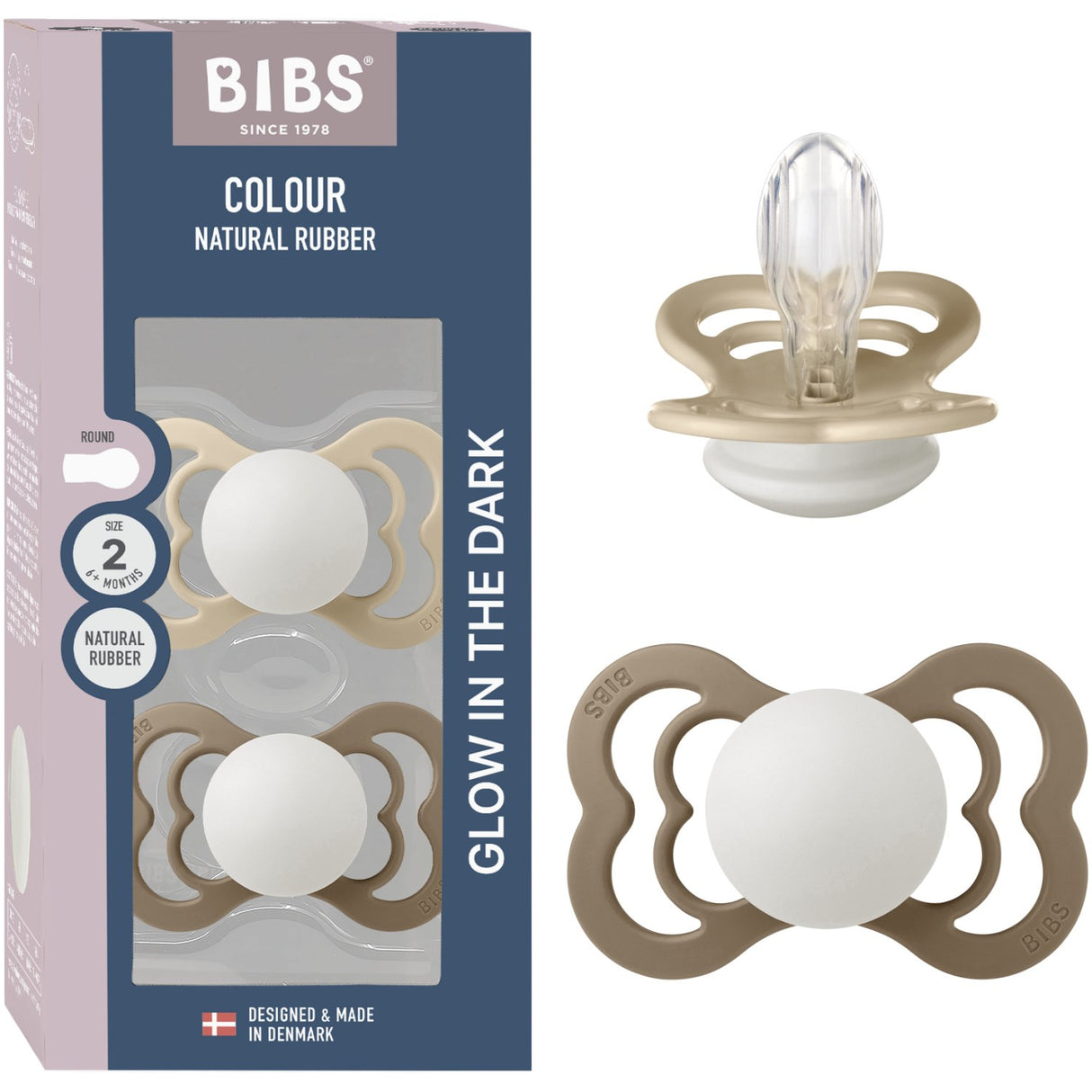 Bibs Vanilla Glow/Dark Oak Glow Napp Supreme 2-Pack Silikon