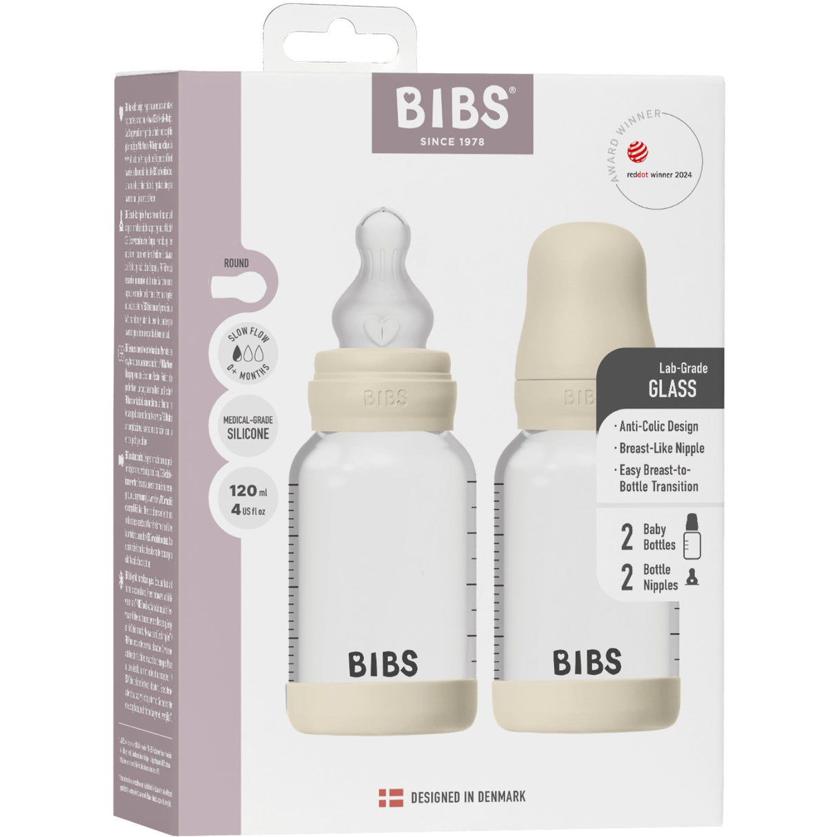 Bibs Ivory Glass Baby Flaska Round Silikon 2-Pack 120 Ml Slow Flow
