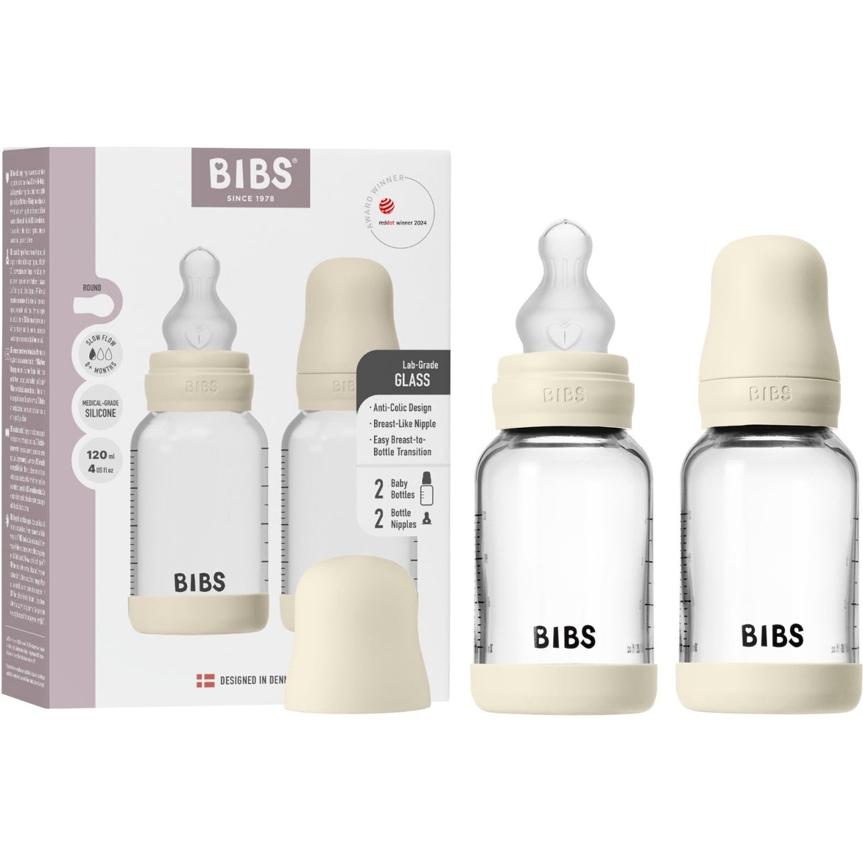 Bibs Ivory Glass Baby Flaska Round Silikon 2-Pack 120 Ml Slow Flow