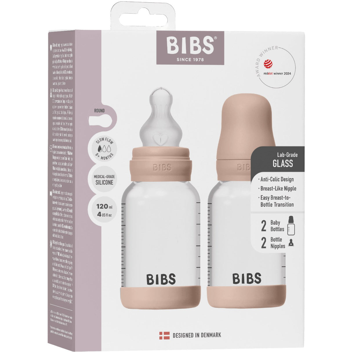Bibs Blush Glass Baby Flaska Round Silikon 2-Pack 120 Ml Slow Flow