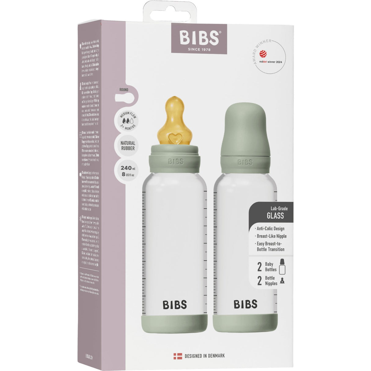 Bibs Sage Glass Baby Flaska Round Latex 2-Pack 240 Ml Medium Flow