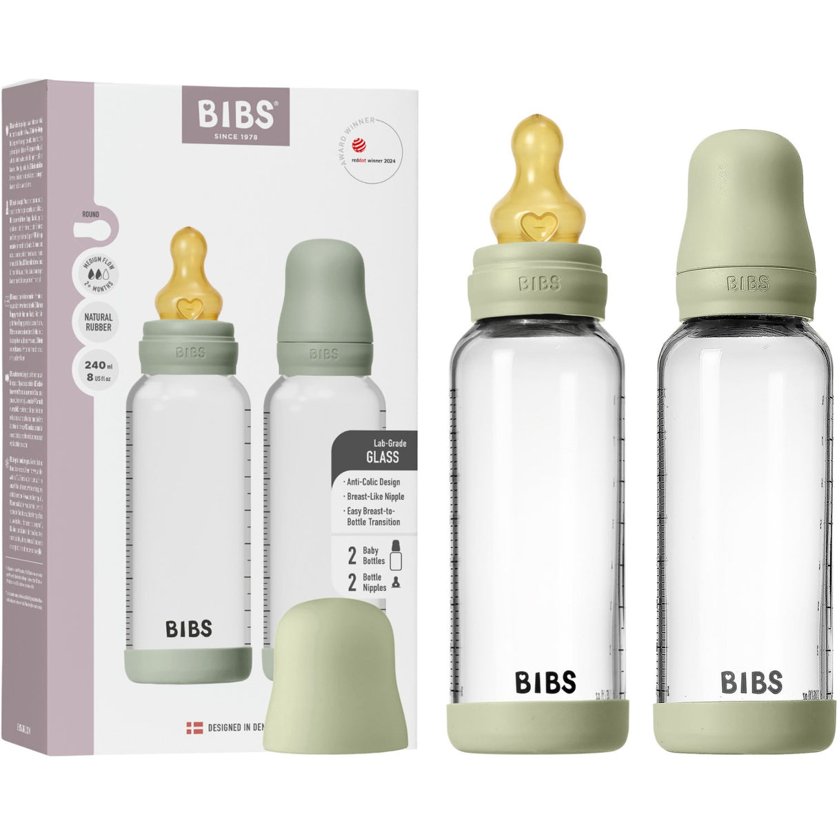 Bibs Sage Glass Baby Flaska Round Latex 2-Pack 240 Ml Medium Flow