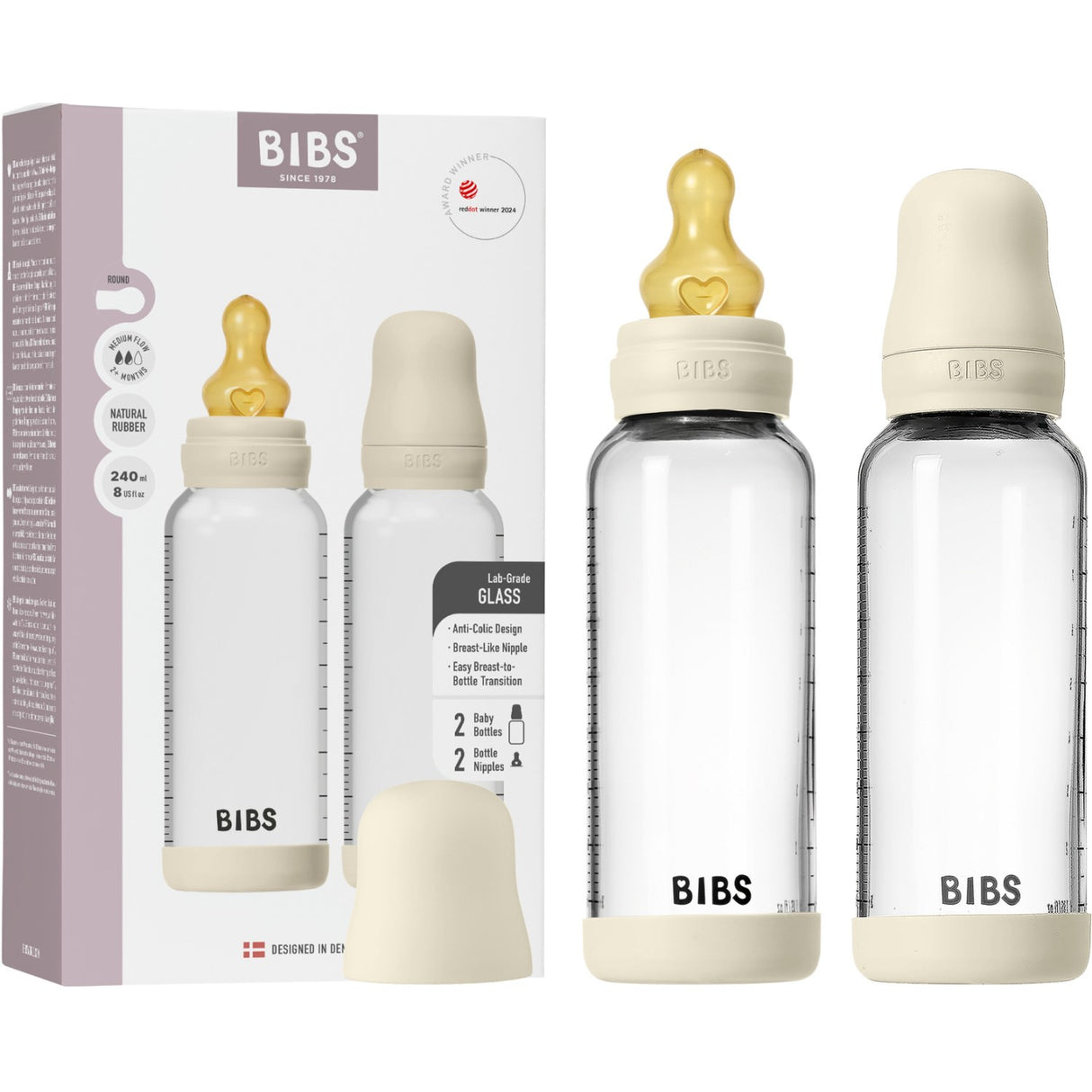 Bibs Ivory Glass Baby Flaska Round Latex 2-Pack 240 Ml Medium Flow