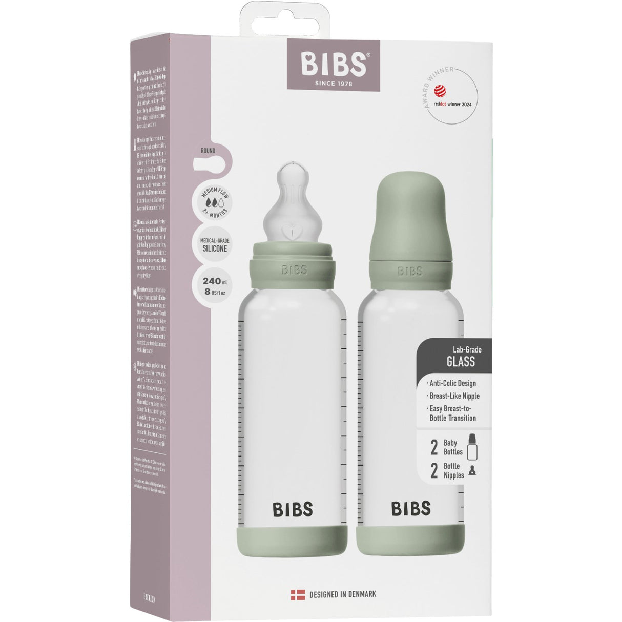 Bibs Sage Glass Baby Flaska Round Silikon 2-Pack 240 Ml Medium Flow