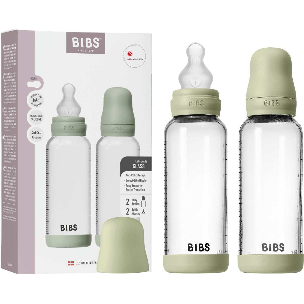 Bibs Sage Glass Baby Flaska Round Silikon 2-Pack 240 Ml Medium Flow