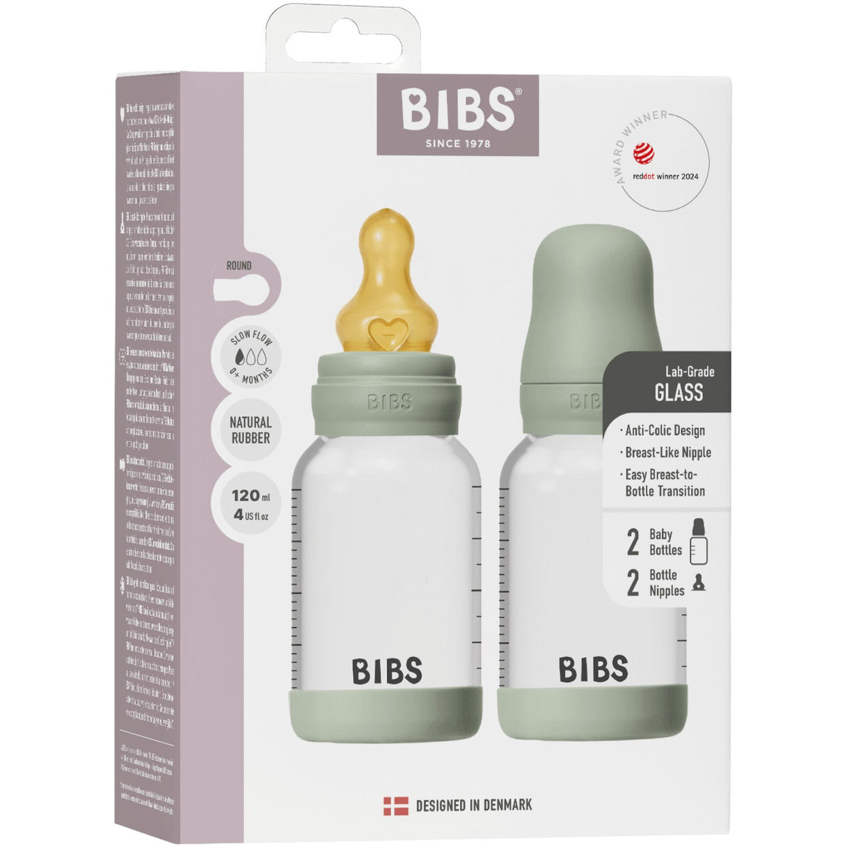 Bibs Sage Glass Baby Flaska Round Latex 2-Pack 120 Ml Slow Flow
