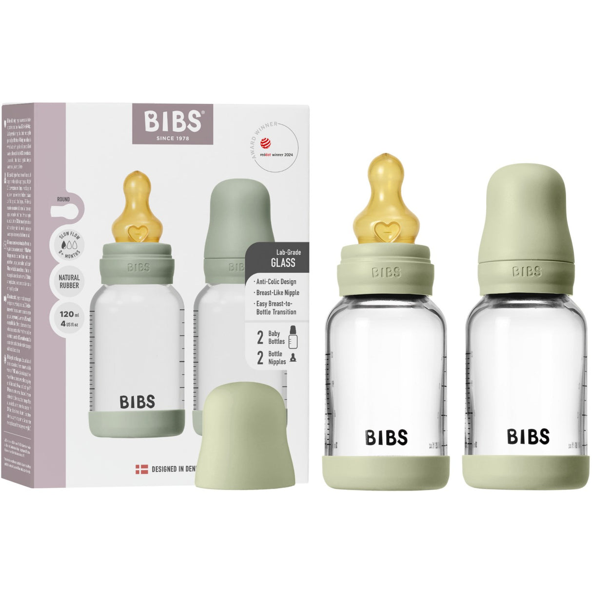 Bibs Sage Glass Baby Flaska Round Latex 2-Pack 120 Ml Slow Flow