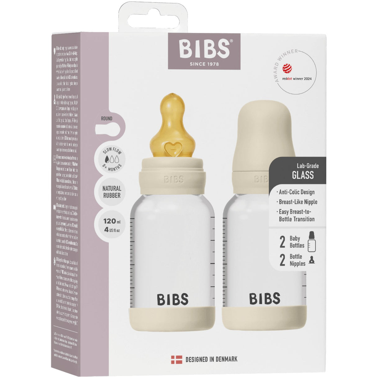 Bibs Ivory Glass Baby Flaska Round Latex 2-Pack 120 Ml Slow Flow