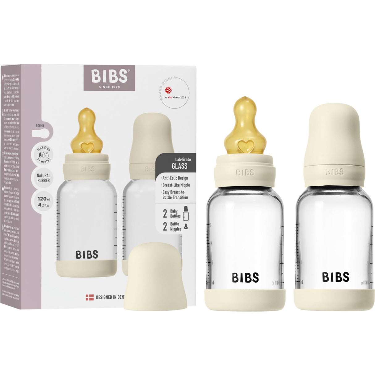 Bibs Ivory Glass Baby Flaska Round Latex 2-Pack 120 Ml Slow Flow