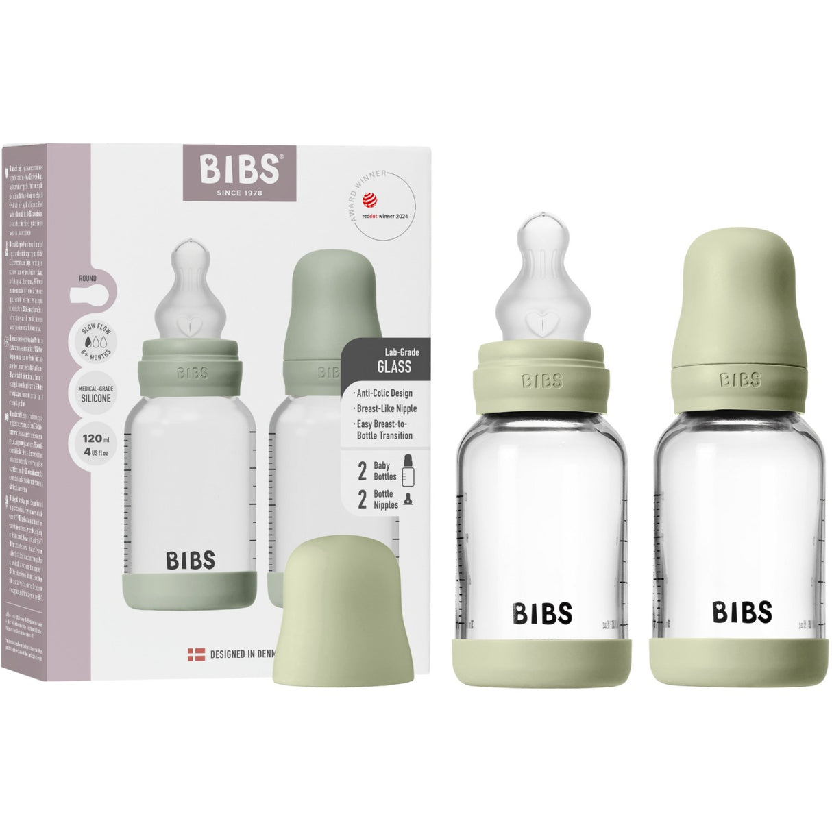 Bibs Sage Glass Baby Flaska Round Silikon 2-Pack 120 Ml Slow Flow
