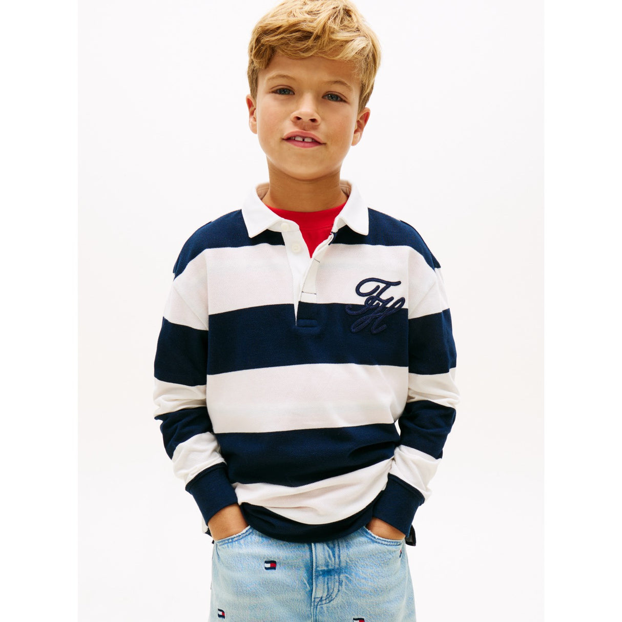Tommy Hilfiger Dark Night Navy Stripe Th Script Graphic Rugby Pikétröja Ls
