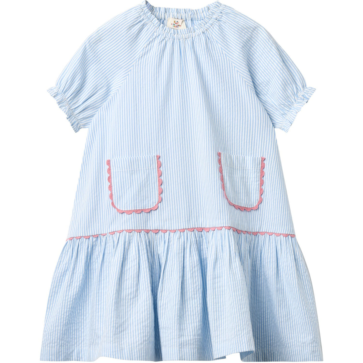 COPENHAGEN COLORS Sky Blue W Cream Stripe Seersucker Klänning W. Pockets