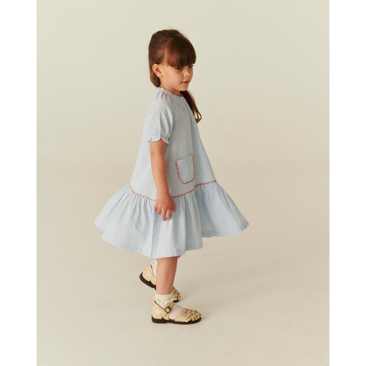 COPENHAGEN COLORS Sky Blue W Cream Stripe Seersucker Klänning W. Pockets