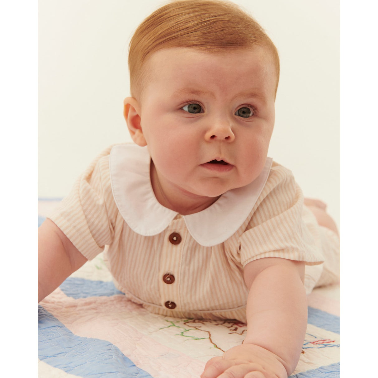 COPENHAGEN COLORS Dusty Rose W Cream Stripe Seersucker Romper W. Krage