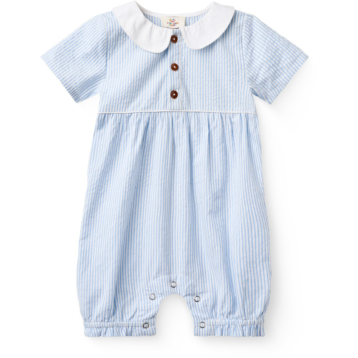 COPENHAGEN COLORS Sky Blue W Cream Stripe Seersucker Romper W. Krage