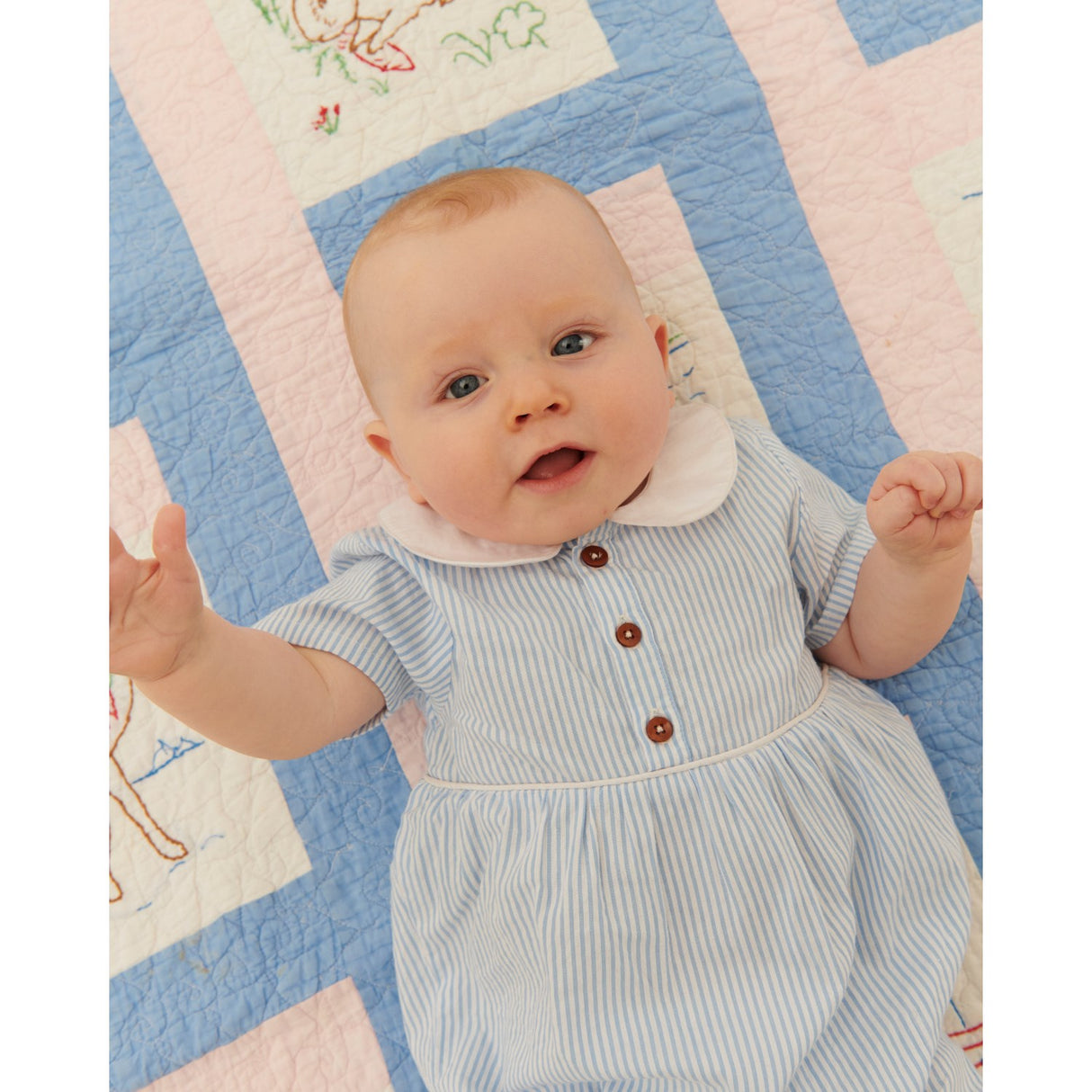 COPENHAGEN COLORS Sky Blue W Cream Stripe Seersucker Romper W. Krage