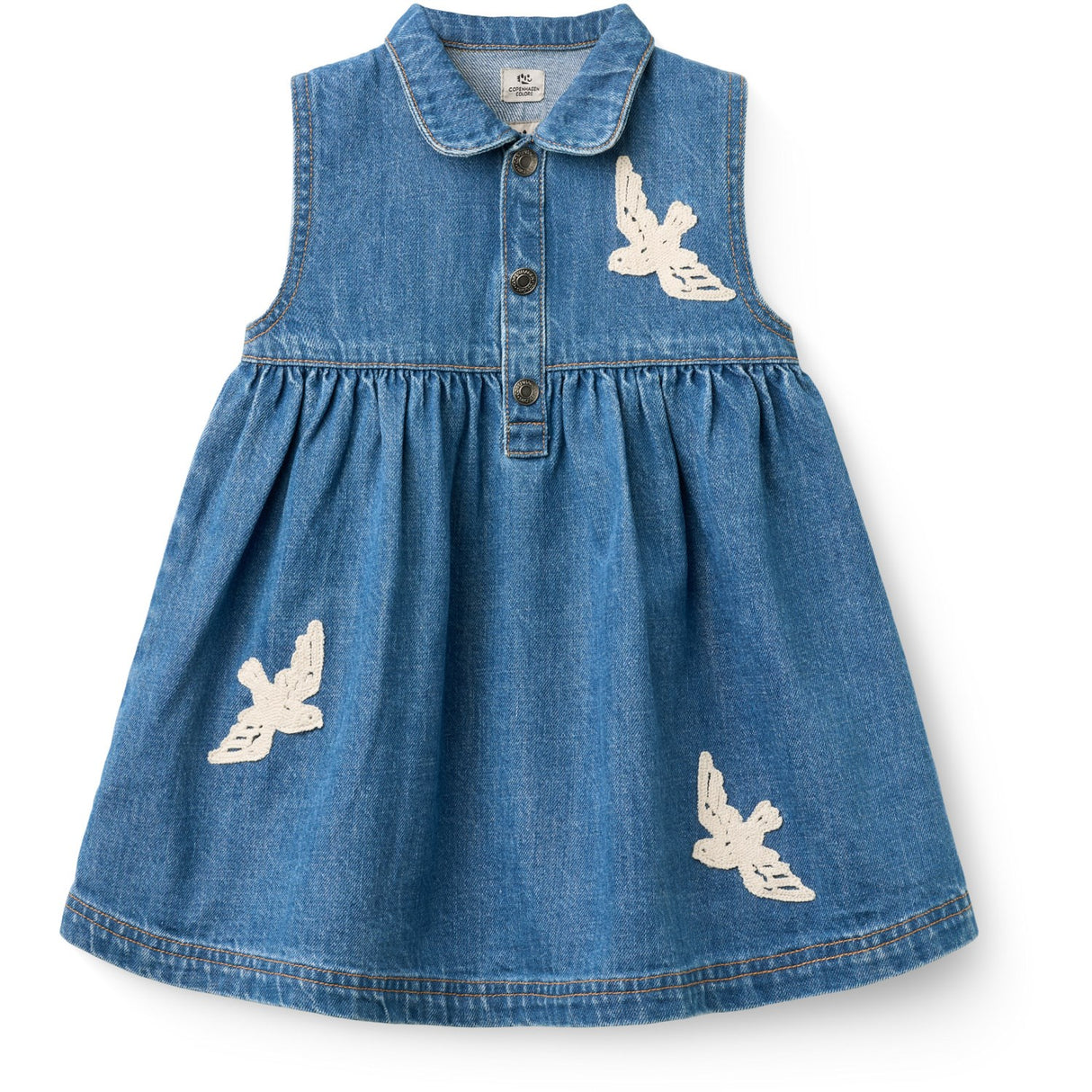 COPENHAGEN COLORS Indigo Blue Washed Denim Klänning W. Crochet Doves