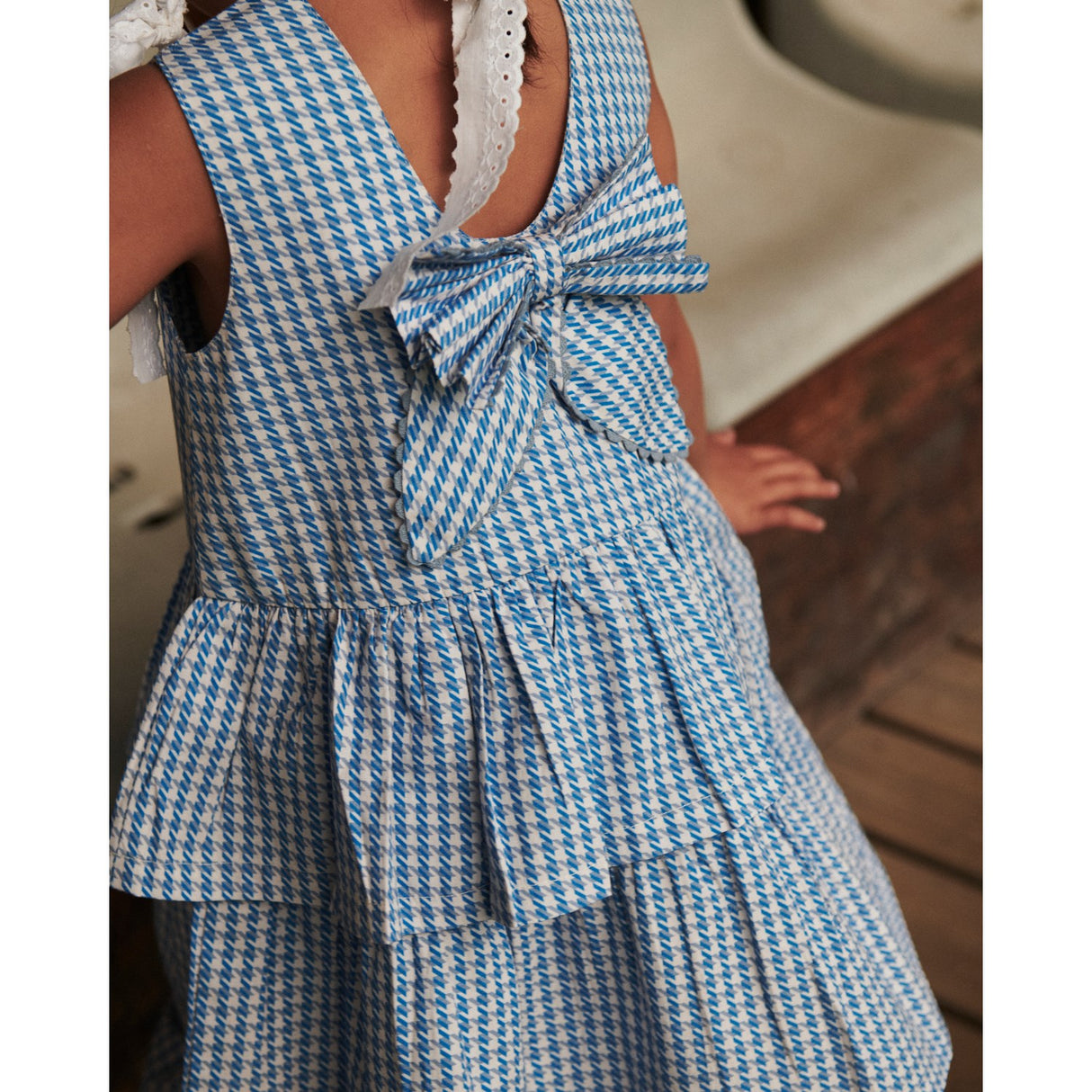 COPENHAGEN COLORS Blue Houndstooth Mini Houndstooth Klänning W. Rosett