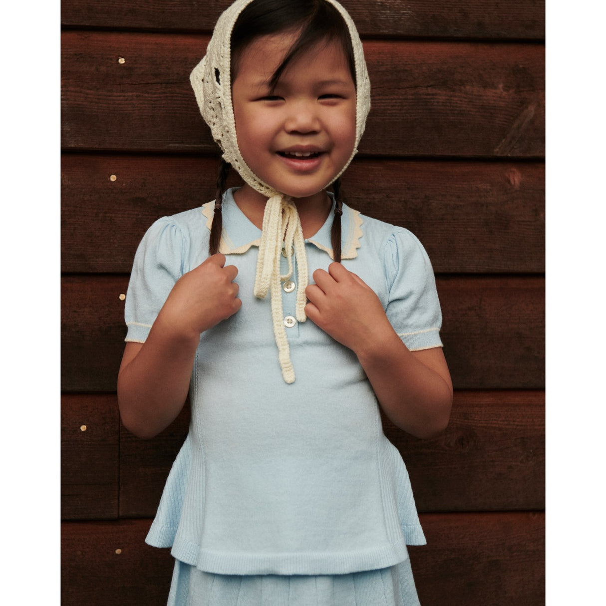 COPENHAGEN COLORS Ice Blue/Cream Comb. Stickad Peplum Blus