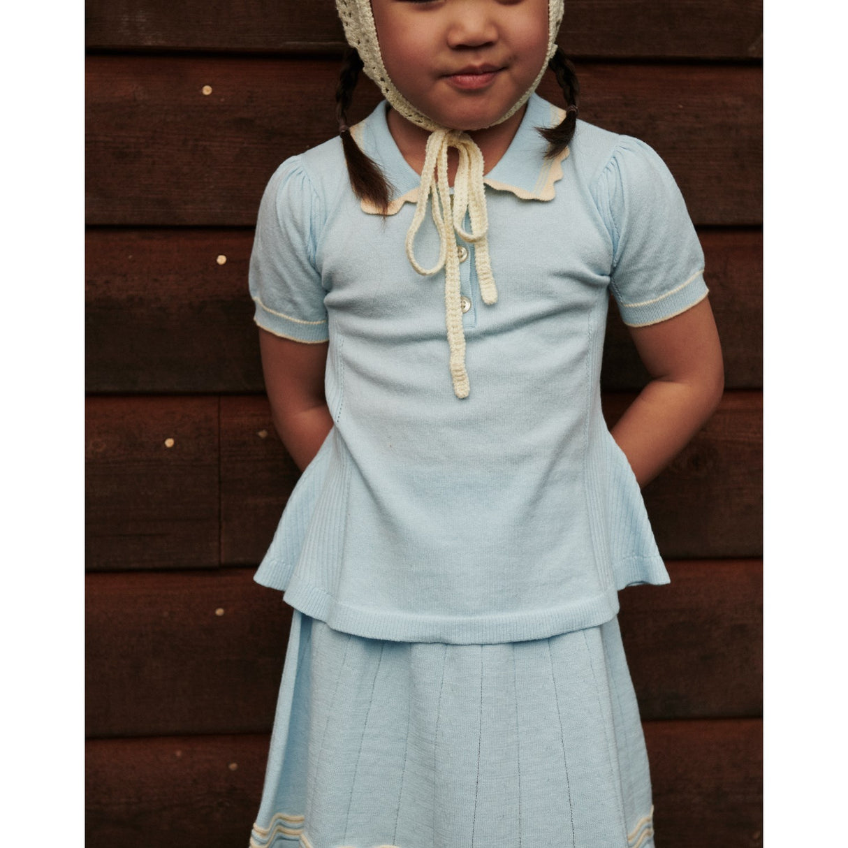 COPENHAGEN COLORS Ice Blue/Cream Comb. Stickad Peplum Blus