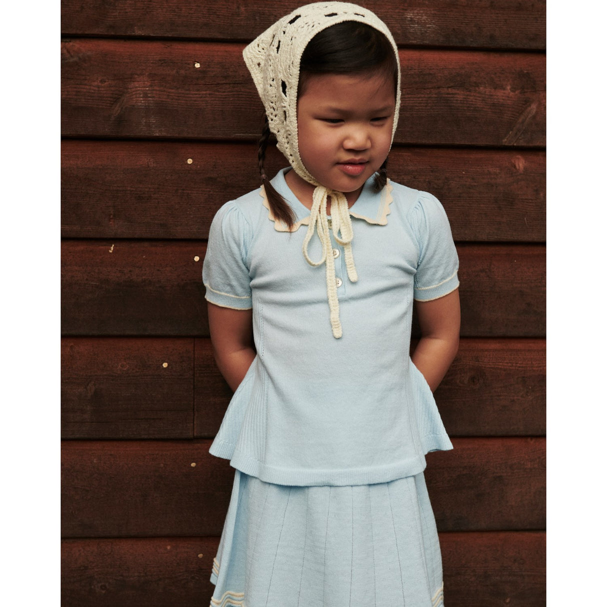 COPENHAGEN COLORS Ice Blue/Cream Comb. Stickad Peplum Blus