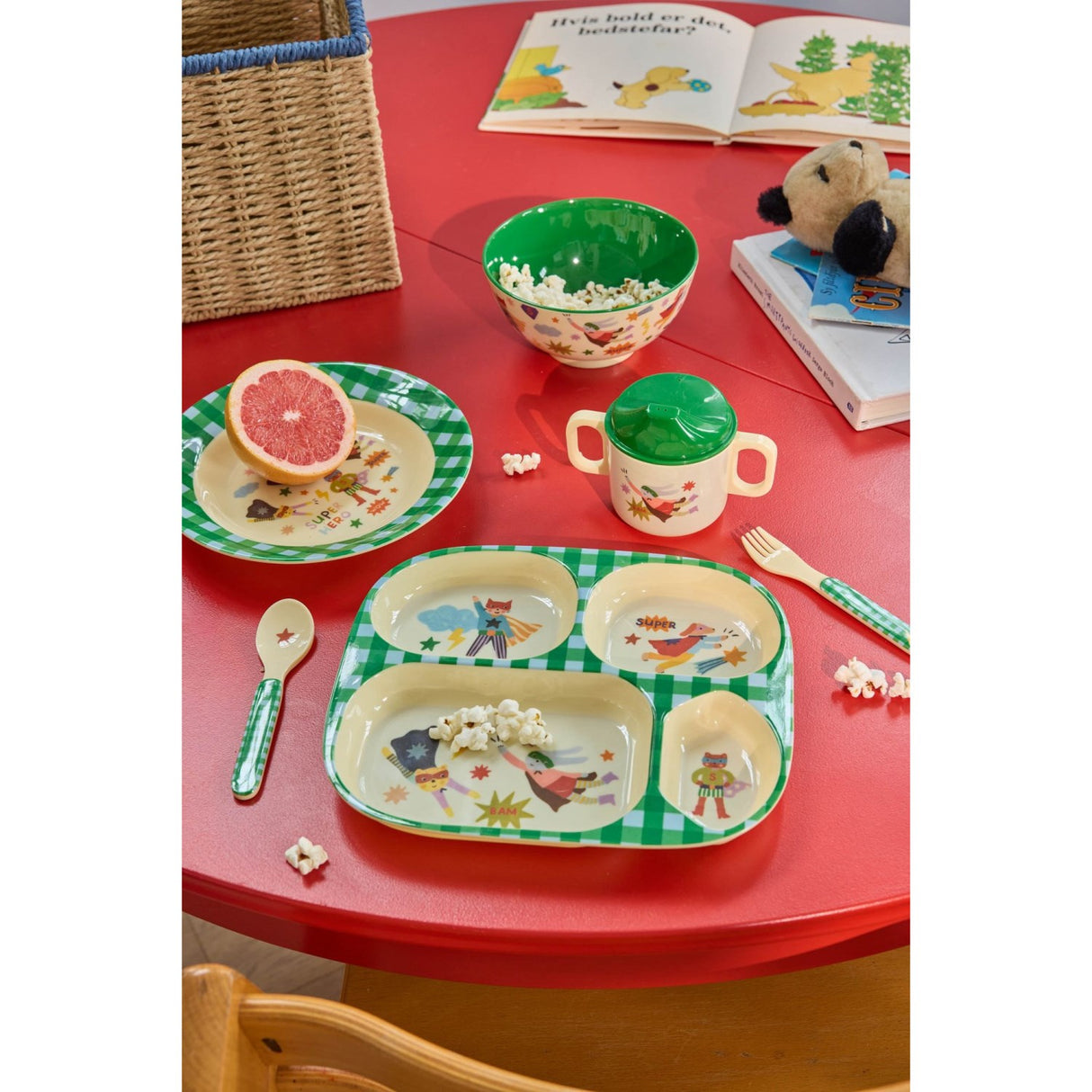 Rice Melamin Baby Dinner Sett In Giftbox - Hero Print - Green - 4 Pcs