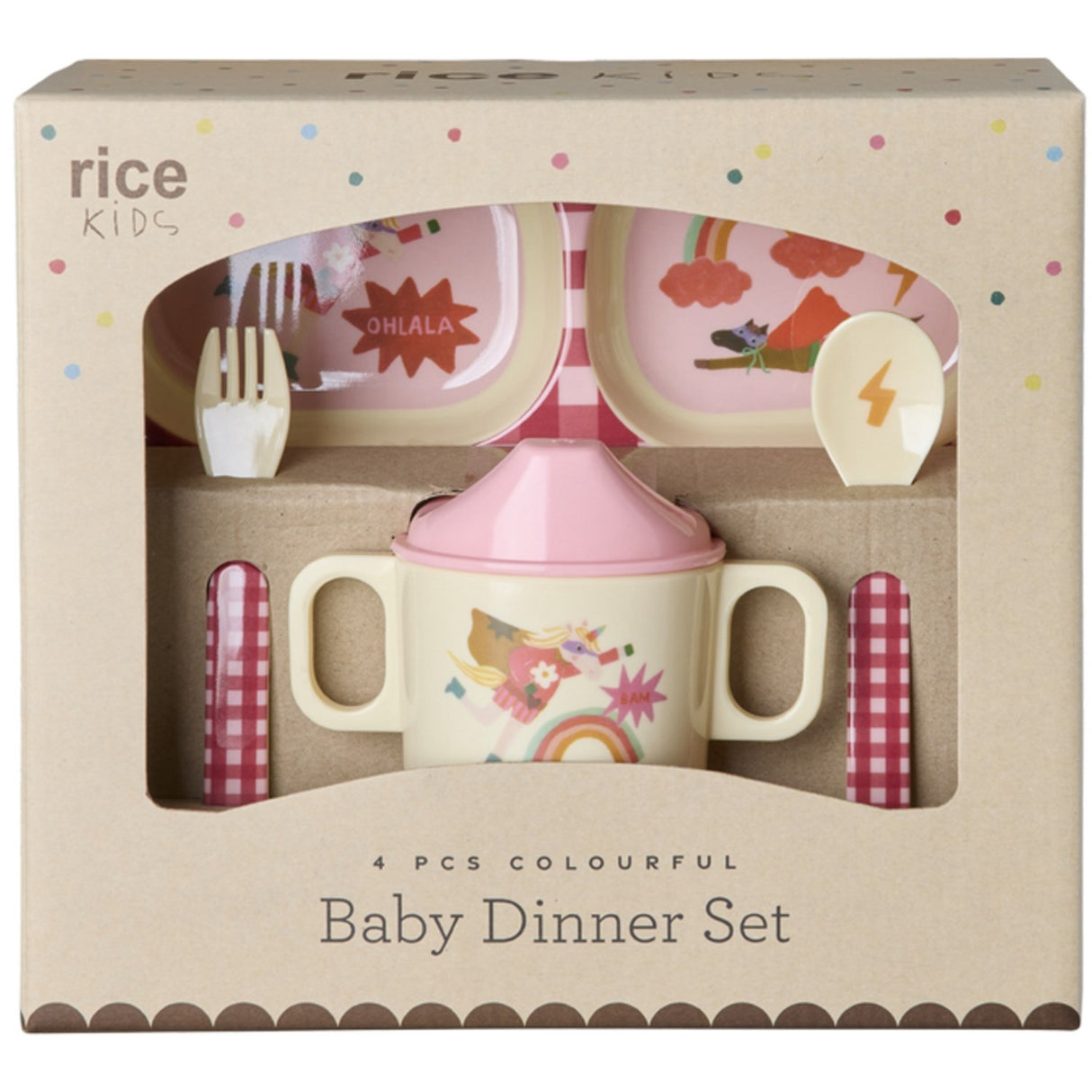 Rice Melamin Baby Dinner Sett In Giftbox - Hero Print - Pink - 4 Pcs