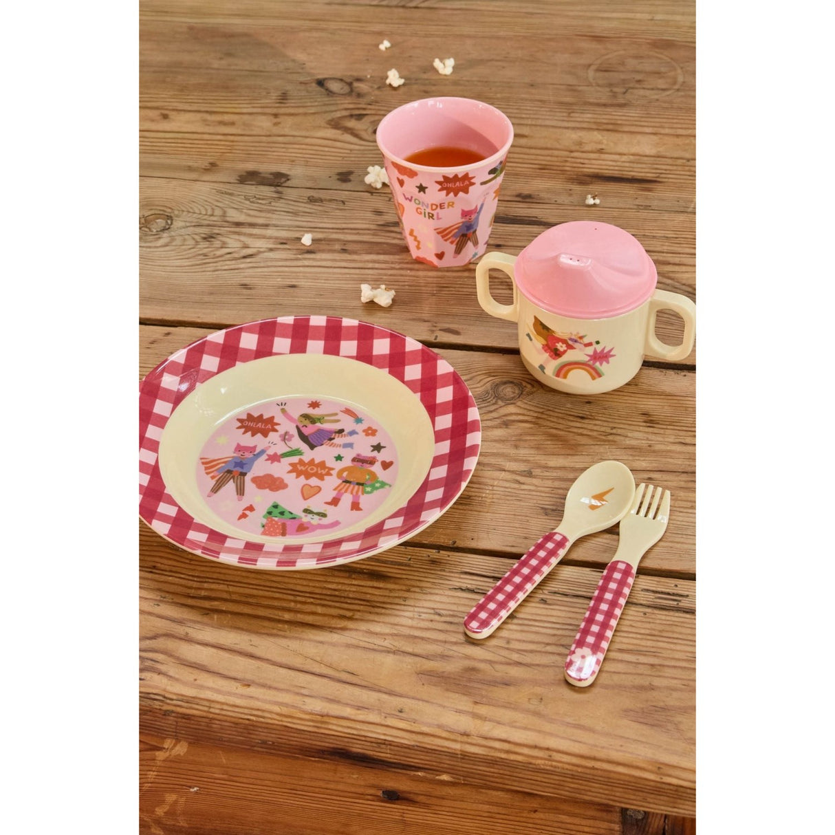 Rice Kids Melamin Sked Och Fork Med Hero Print - Pink