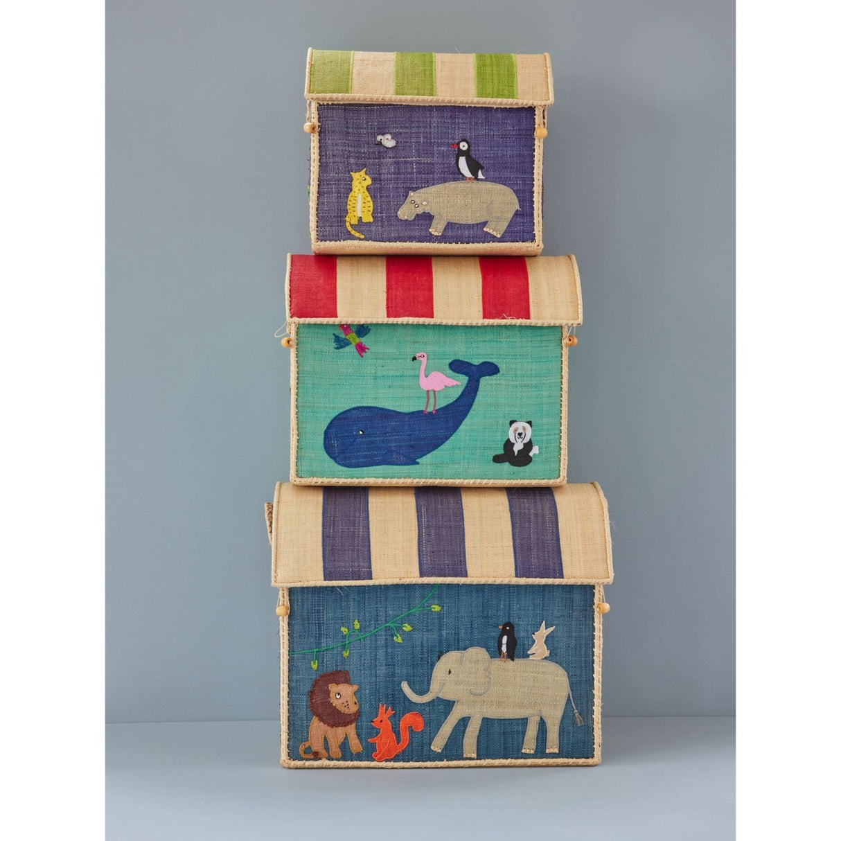 Rice Raffia Leksak Baskets Med Animal Theme - Sett Of 3
