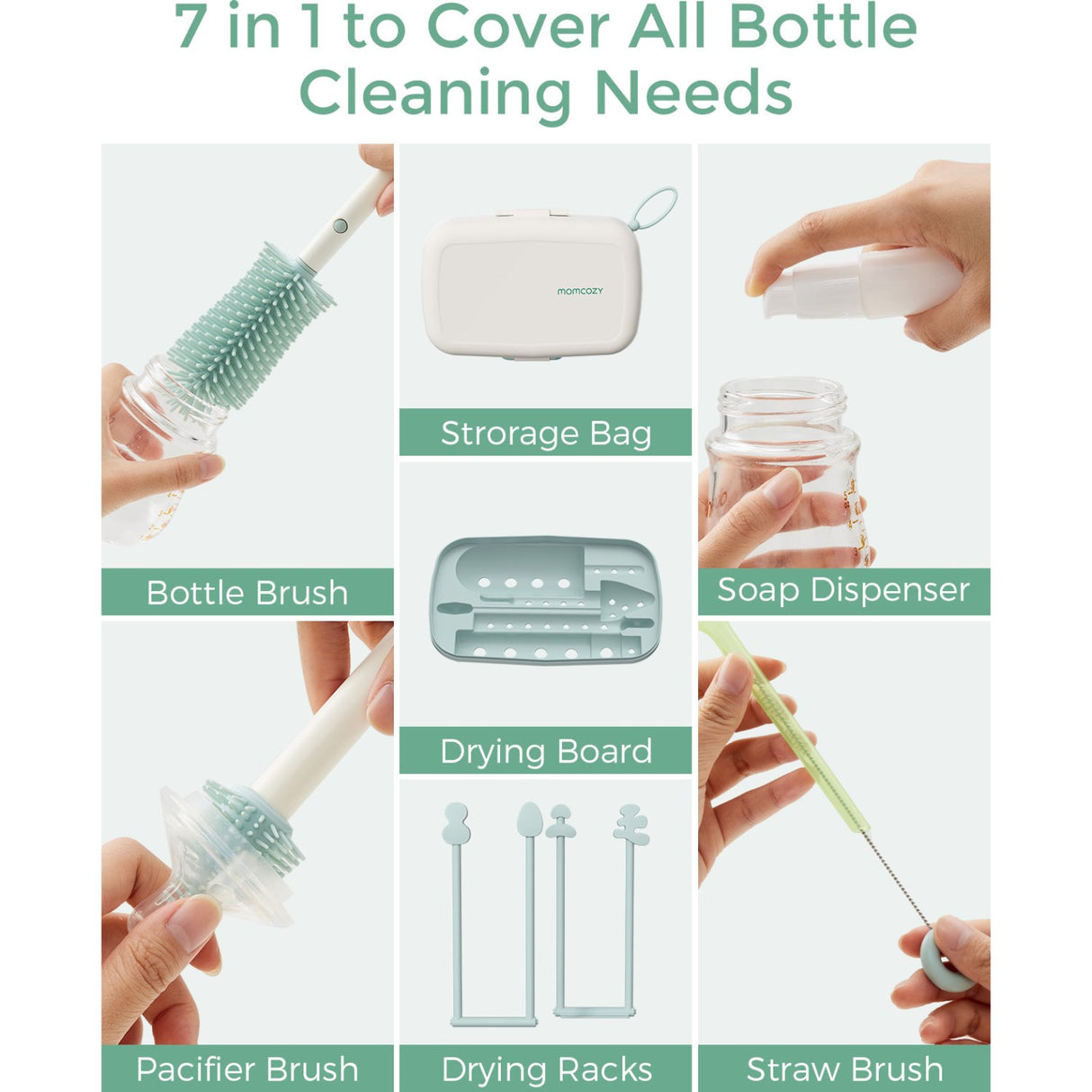 Momcozy Green 7 In 1 Baby Flaska Brush Sett