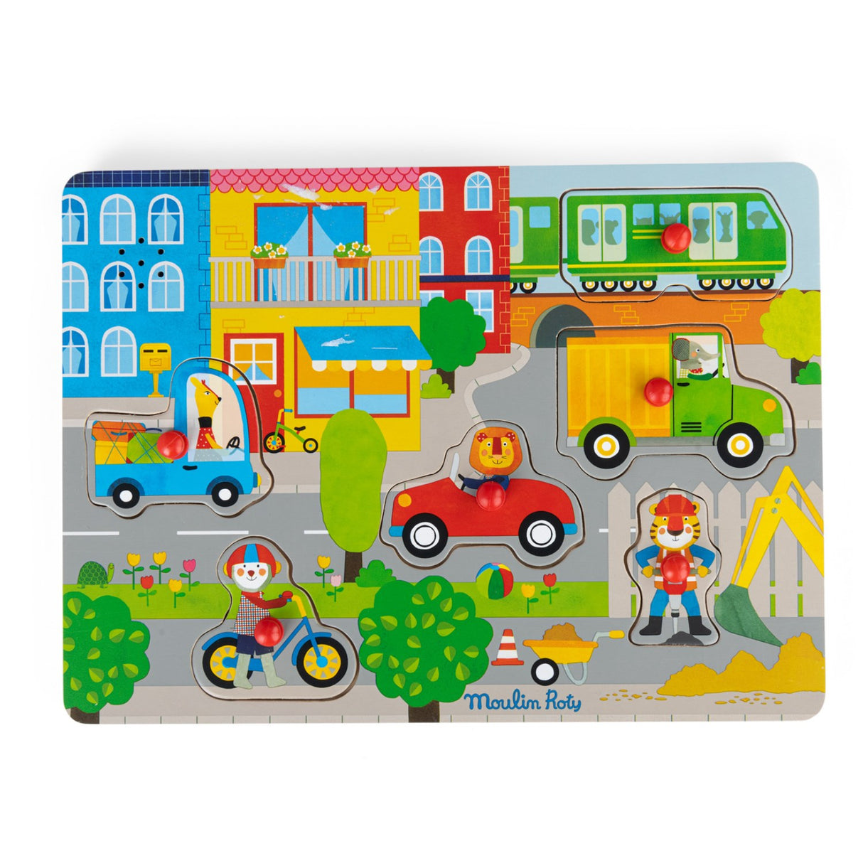 Moulin Roty Knob Puzzle med ljud 6 Fraktioner - Staden - Les Popipop