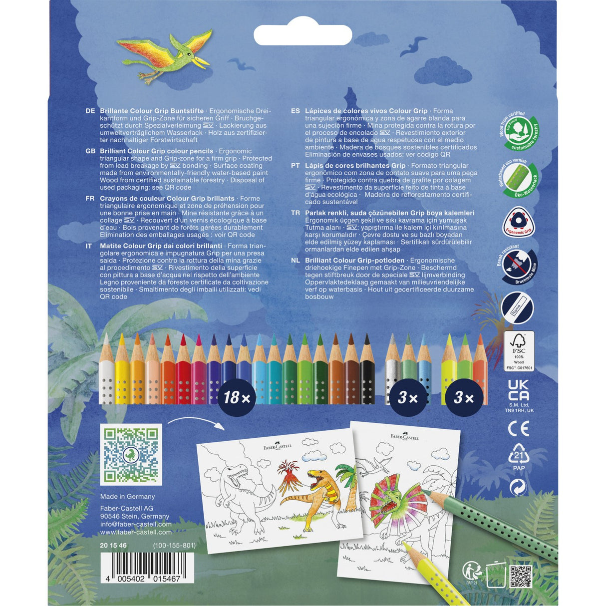 Faber-Castell 18+6 Grip Akvarellkritor + Klistermärken, Dinosaurie