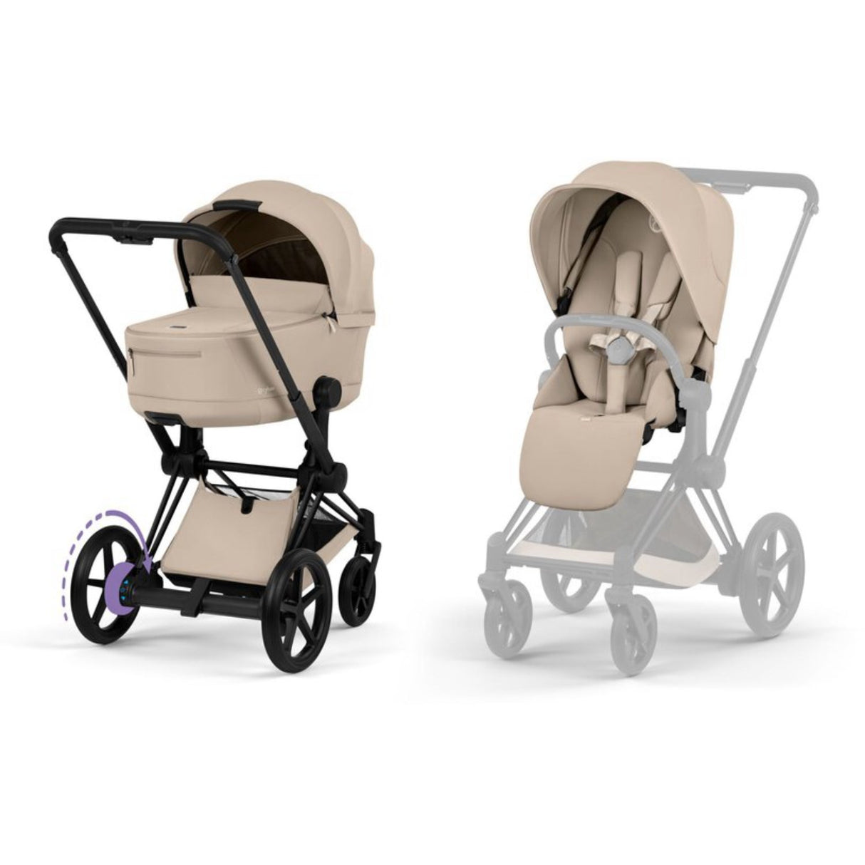 Cybex Cozy Beige/Beige Epriam Comfort Matt Black Inklusiv Foldbar Liggedel