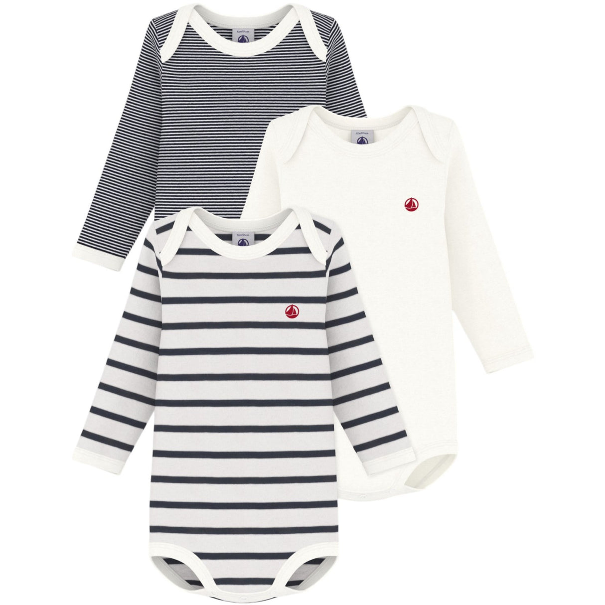 Petit Bateau Navy/White Långärmad Bodysuit 3-pack