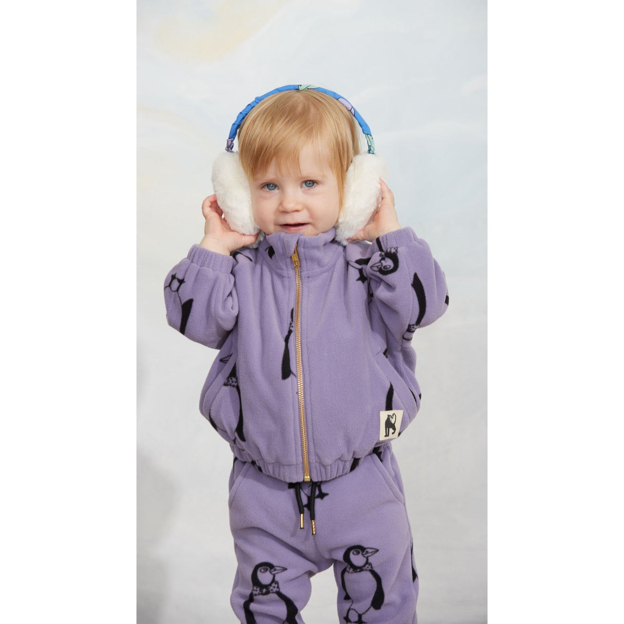Mini Rodini Purple Penguin AOP Fleece Jacka