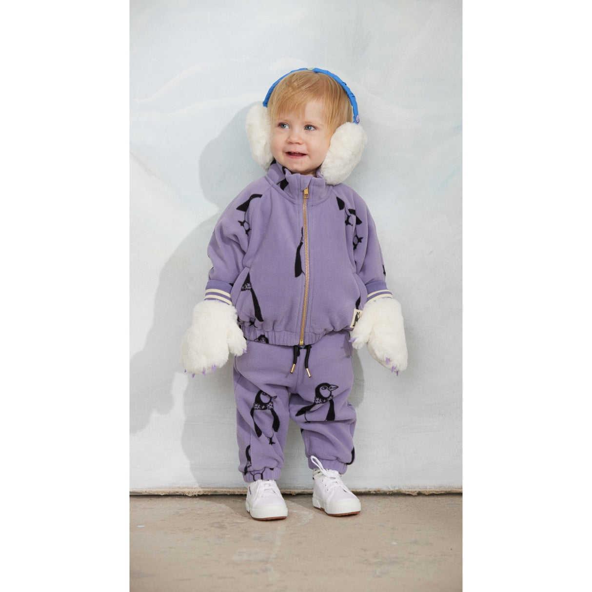 Mini Rodini Purple Penguin AOP Fleece Jacka