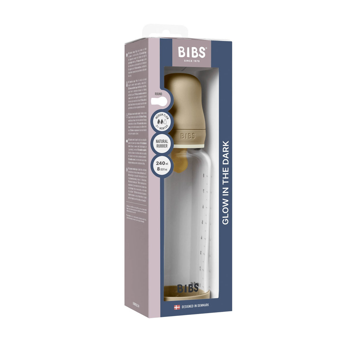 Bibs Vanilla GLOW Glass Baby Flaska Round Latex 1-Pack 240 Ml Medium Flow