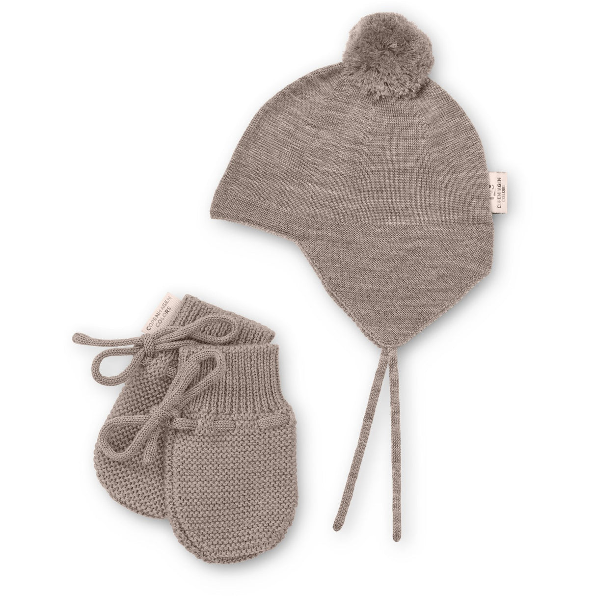 COPENHAGEN COLORS Natural Melange Merino Stickad Baby Bonnet M/ Pompom + Baby Vantar